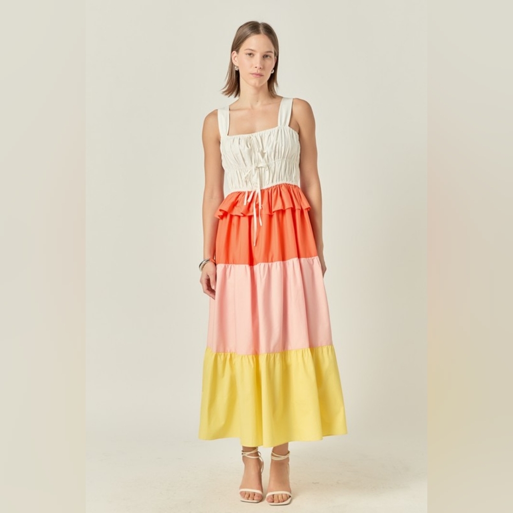 English Factory Express Colorblock Cotton Maxi Dress White, Coral, Pink & Yellow